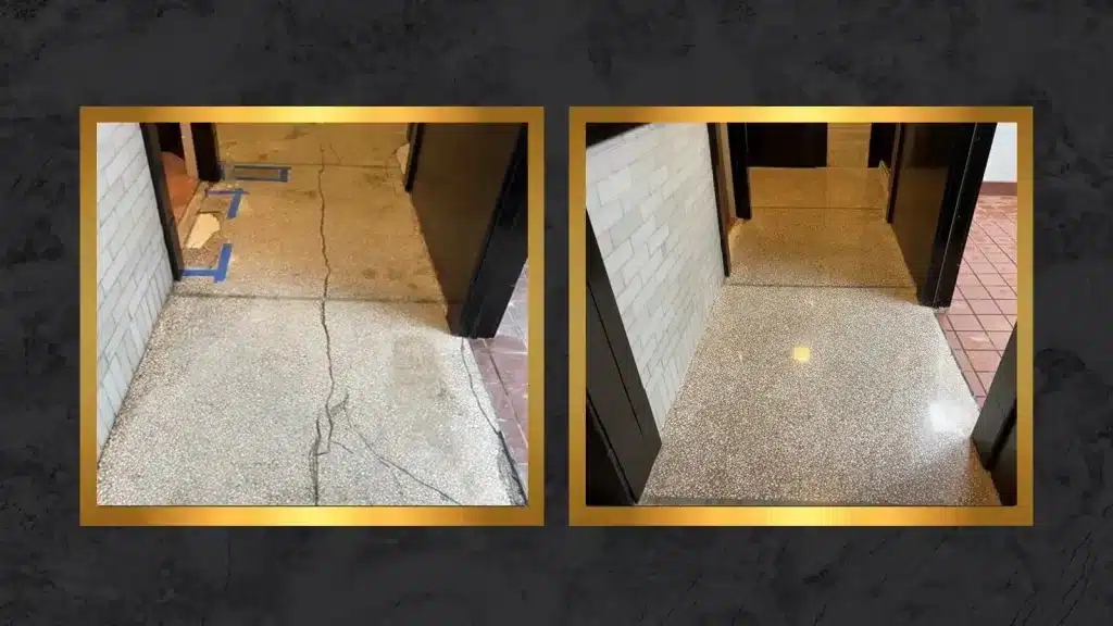 Side-by-side comparison of a historic terrazzo floor showing cracks and surface damage before restoration and a smooth, polished finish after restoration.