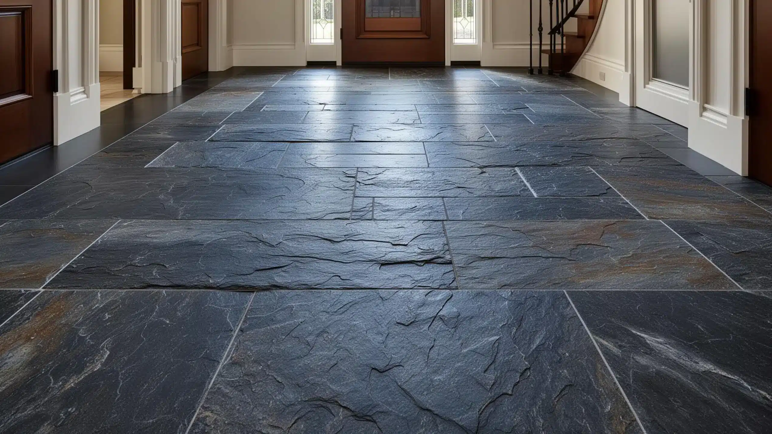 Slate restoration service showing sealed slate floor with enhanced color
