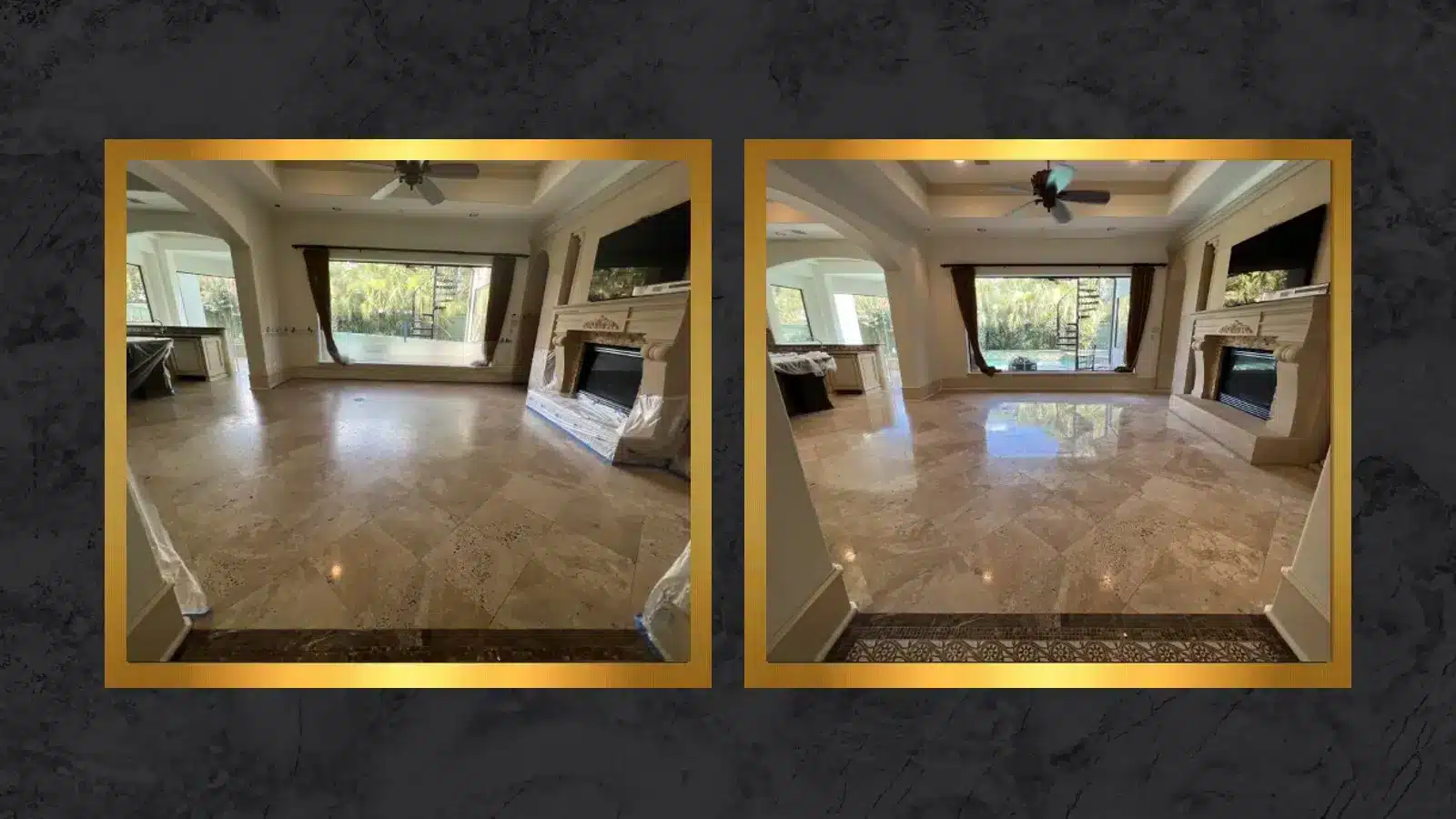 Side-by-side comparison of a travertine floor showing a dull, worn surface before polishing and a smooth reflective finish after polishing.