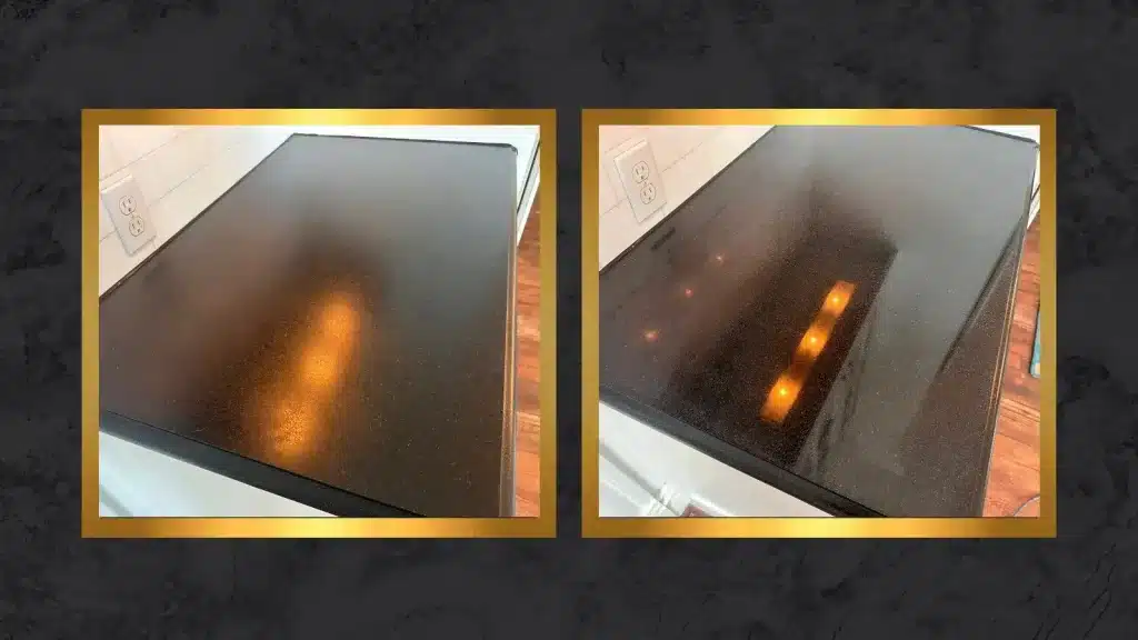 Side-by-side view of a black granite countertop before and after restoration showing improved gloss and reflectivity