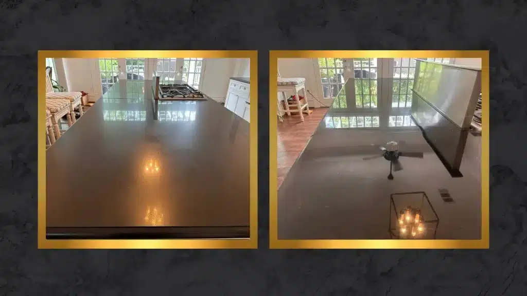 Side-by-side view of a black granite kitchen countertop before and after high-gloss restoration