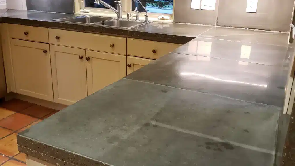 Concrete countertop after polishing with etching removed prior to final sealing in Houston TX