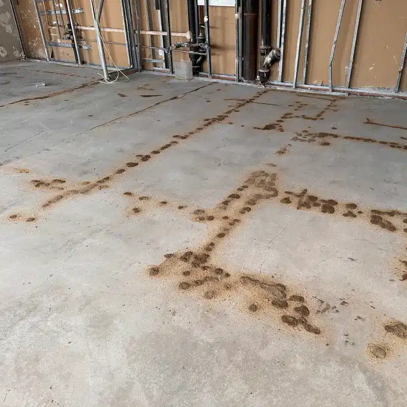 Concrete floor with cracks and voids being prepared for repair during surface preparation