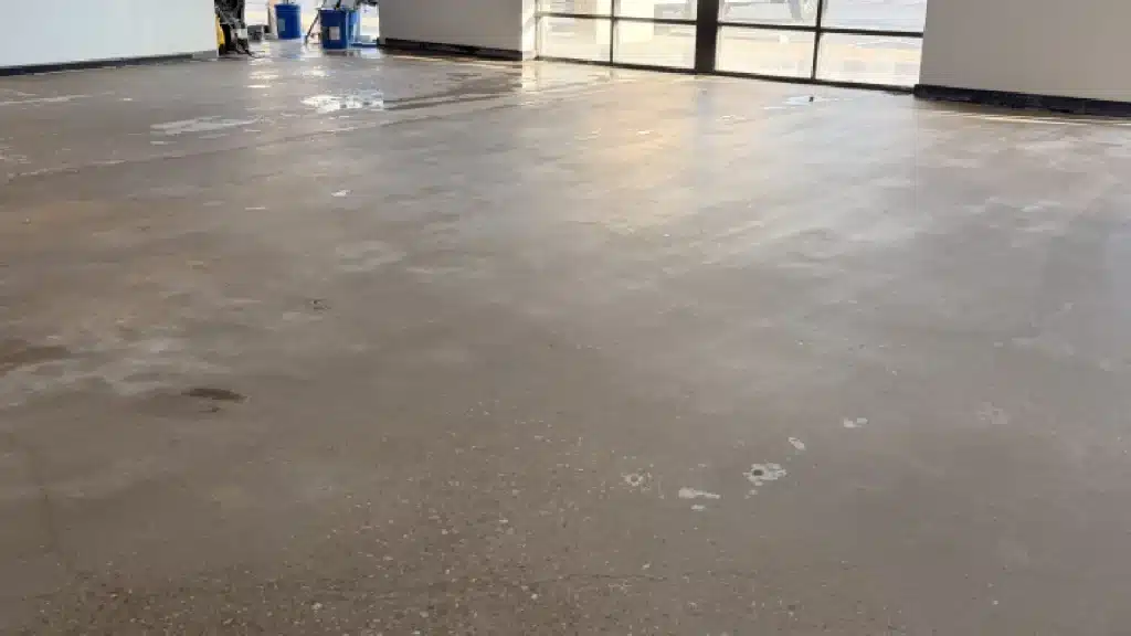 Concrete floor polished to 800 grit before guard application in Westchase Houston, TX commercial remodel.