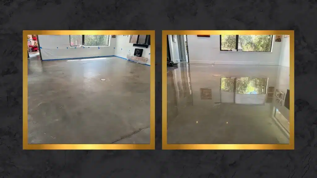 Side-by-side comparison of an interior concrete floor showing a matte, unfinished surface before polishing and a smooth reflective finish after polishing.