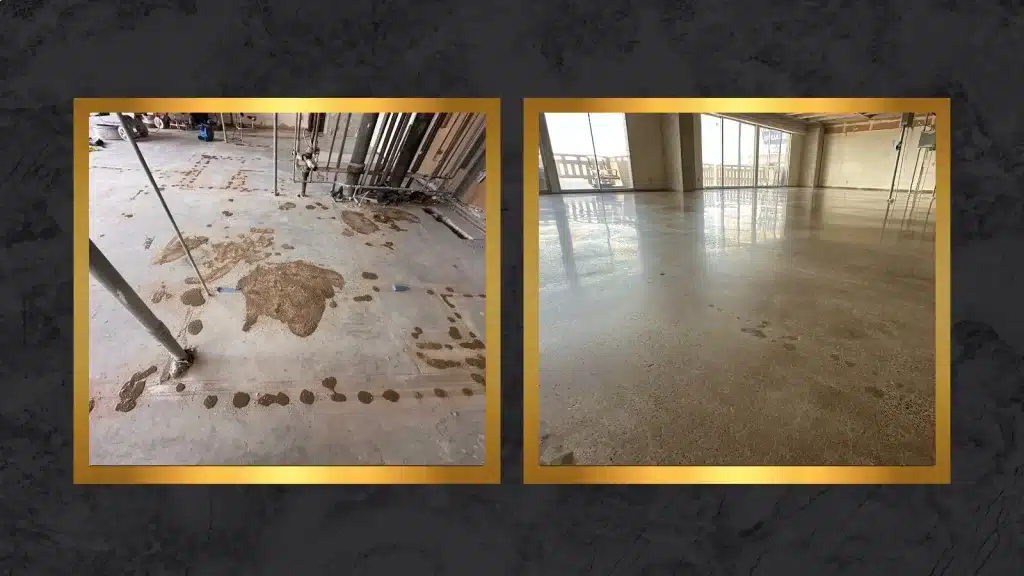 Before and after concrete floor repair and polishing in a Downtown Houston high-rise residential unit
