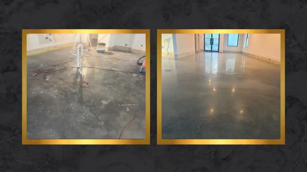 Before and after concrete floor polishing in a residential family room in Memorial, Texas
