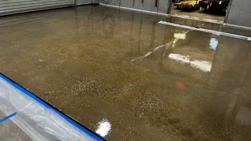 Moisture-mitigating epoxy primer applied to concrete slab before epoxy floor coating in Tomball TX