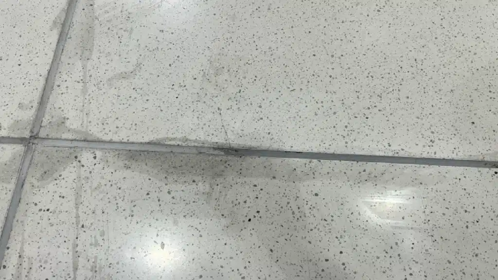 Epoxy terrazzo floor before restoration showing chemical etching and rough surface damage.