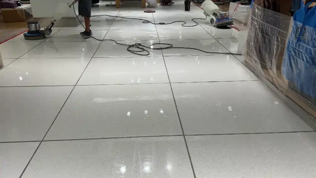 Epoxy Terrazzo Floor Restoration – Damage Removal in Progress