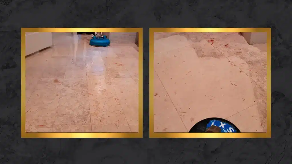 Floor and grout cleaning before and during service showing heavy soil removal in progress on tiled flooring