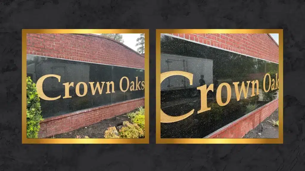 Side-by-side comparison of a granite wall sign showing a weathered, dull surface before restoration and a clean, polished finish after restoration.