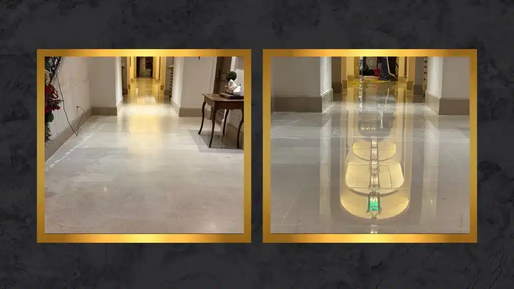 Before-and-after view of a limestone lobby floor showing restored clarity and reflectivity