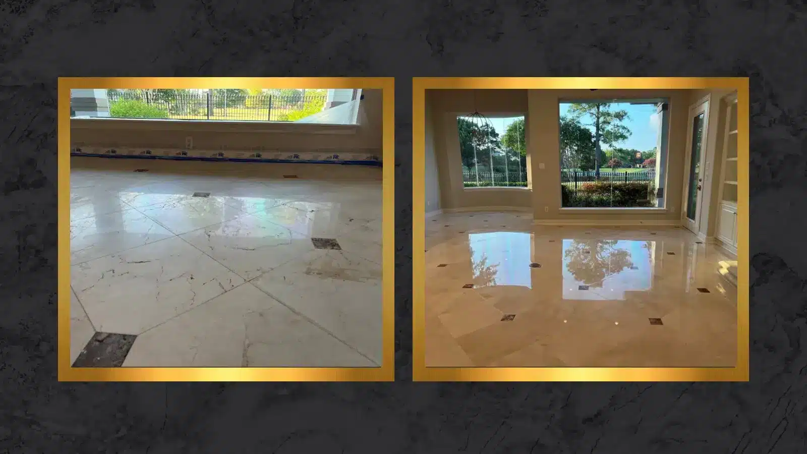 Before and after comparison of a residential marble floor restoration showing improved clarity and uniform finish in Royal Oaks, Houston, Texas.
