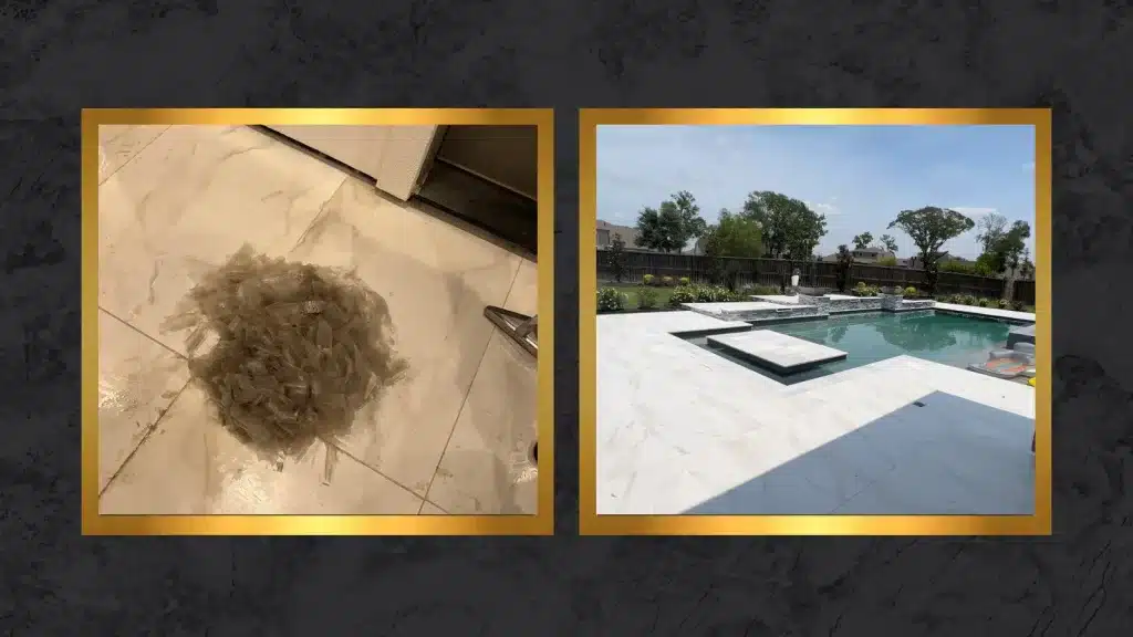 Before and after porcelain tile near a pool showing removal of yellowed peeling anti-slip coating and restored clean tile surface