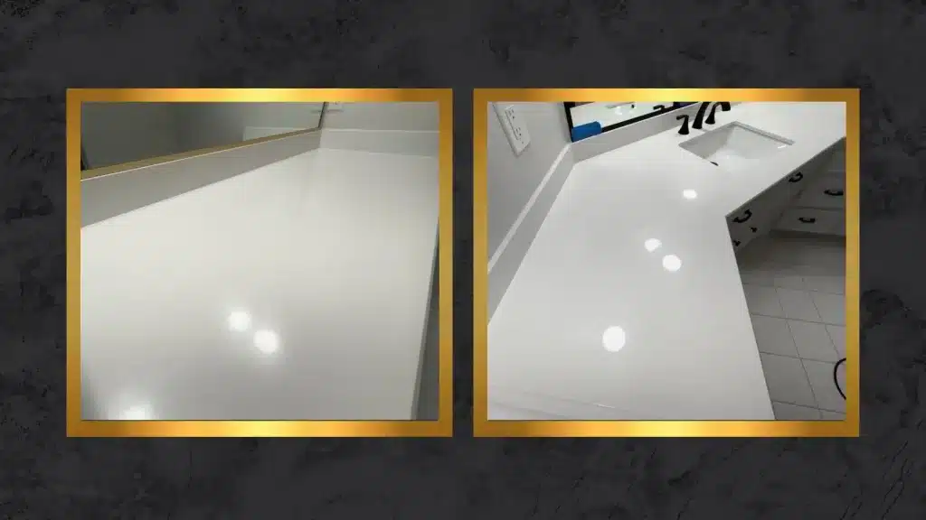 Side-by-side view of a quartz bathroom countertop showing a dull and streaky surface before restoration and a clear polished surface after restoration.