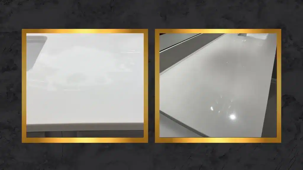 Side-by-side comparison of a quartz countertop showing dull patches and surface marks before restoration and an even, polished finish after restoration.