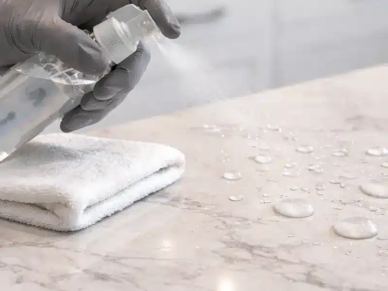 Water beading on a quartz countertop surface during sealing and protection application.