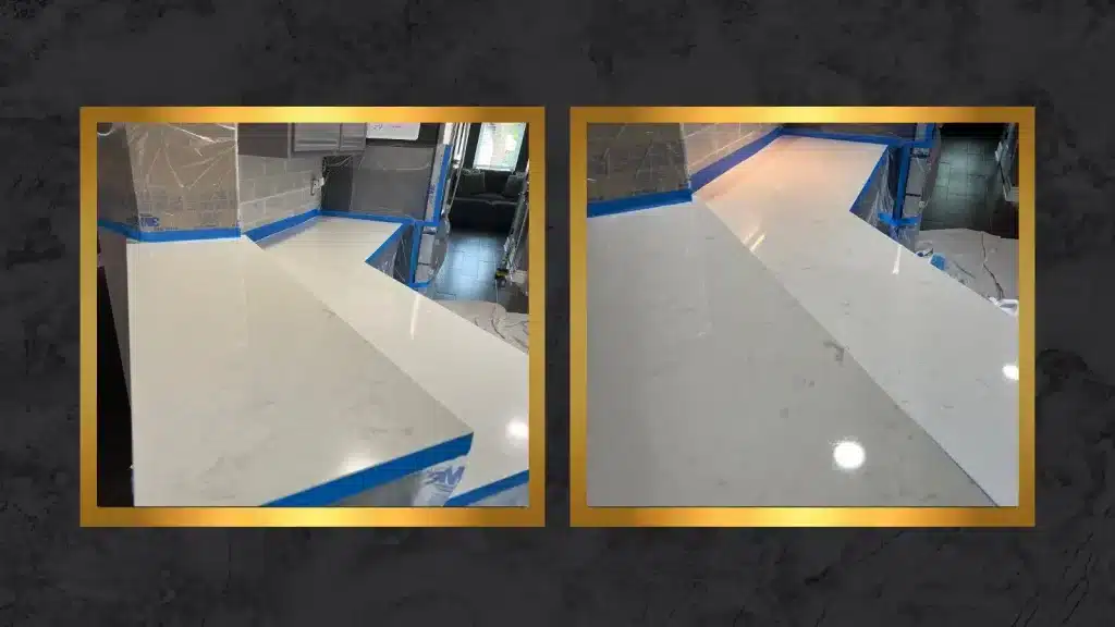 Side-by-side view of a quartz kitchen bar top showing etched and dull areas before restoration and a glossy, even surface after restoration.