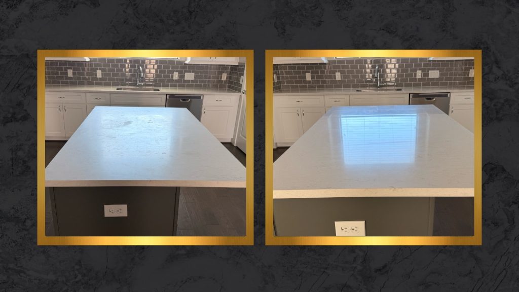 Side-by-side view of a quartz kitchen island countertop showing surface etching before and after restoration.