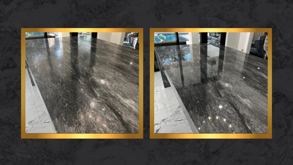 Side-by-side view of a quartzite countertop showing a dull surface before polishing and a restored polished finish after