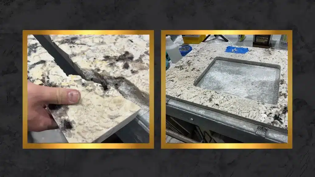Side-by-side view of a quartzite countertop before and after chip and break repair