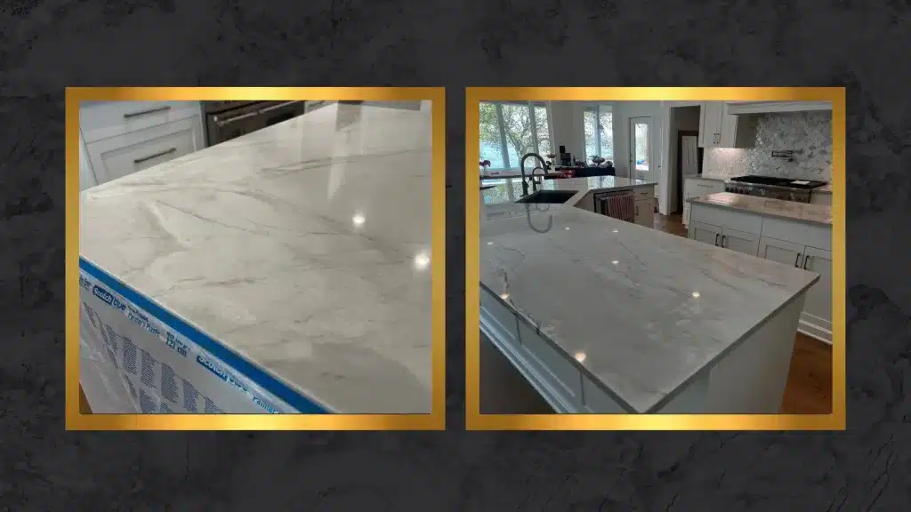 Side-by-side view of a quartzite kitchen countertop before and after restoration to a factory polish finish