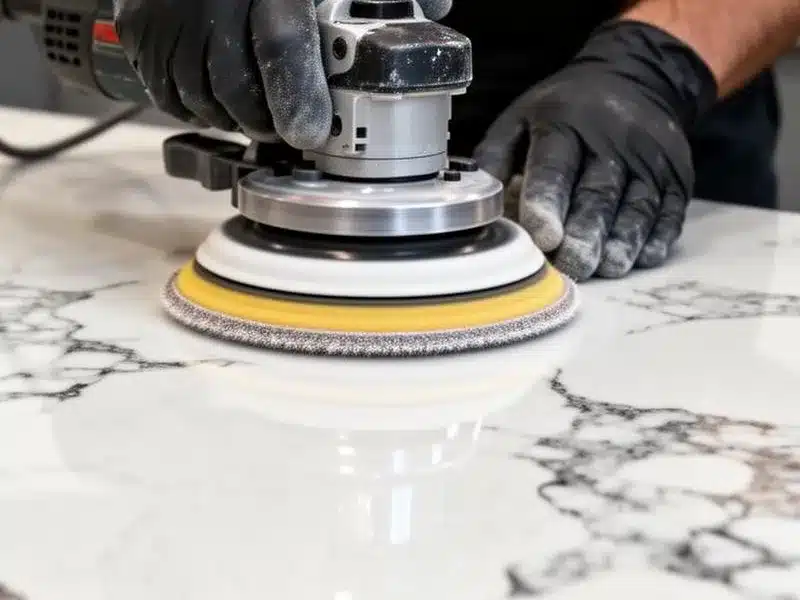 Quartzite countertop being honed to remove surface scratches using polishing equipment