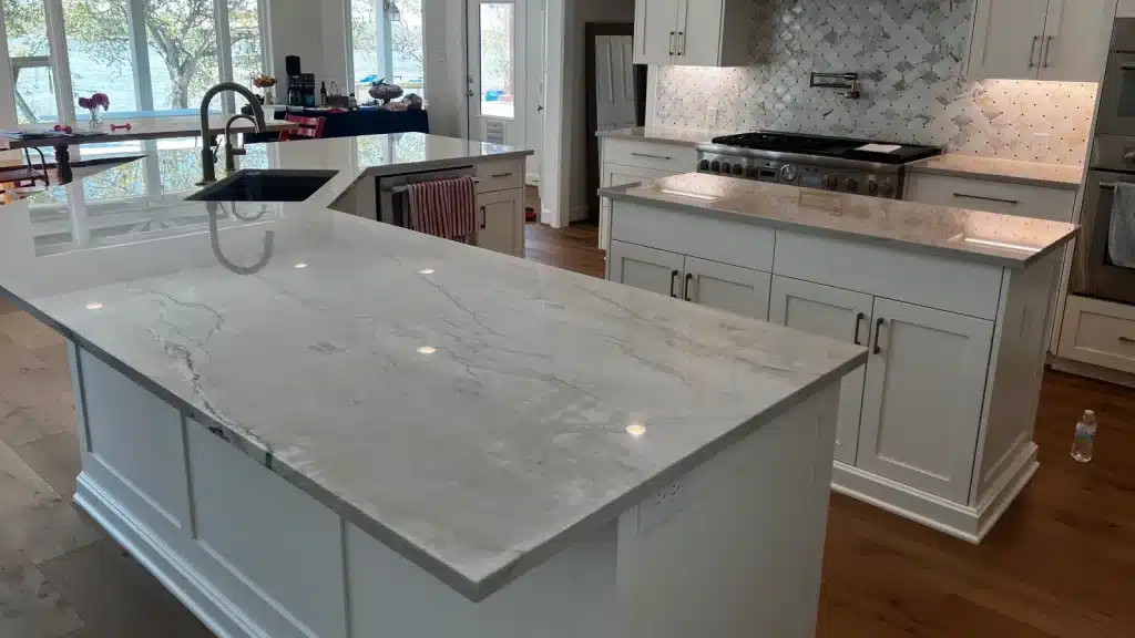 Restored quartzite kitchen countertop with polished finish and natural veining