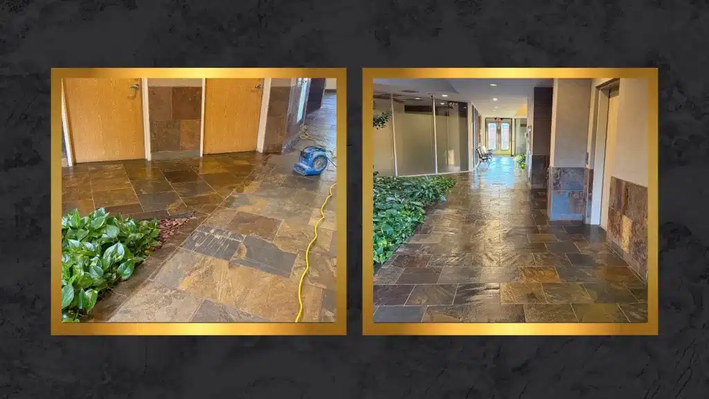 Commercial lobby slate floor showing partial cleaning and enhancement on one side and fully cleaned, satin-finish floor in the entry hall