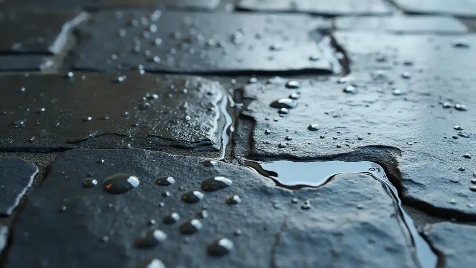 Close-up of sealed slate flooring showing water beading on the surface, demonstrating effective slate floor sealing protection.