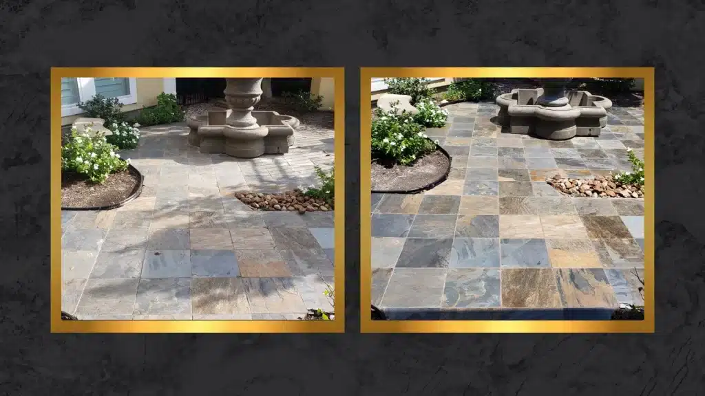Before and after slate patio floor showing cleaning and enhancement with improved color and uniform satin finish