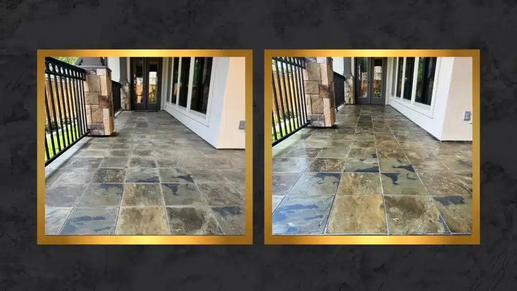 Before and after slate patio floor showing results after professional cleaning and color enhancement