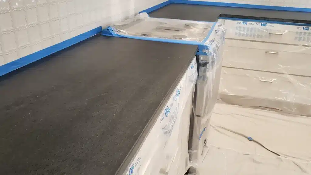 Soapstone countertop during honing phase before final polishing in Houston TX