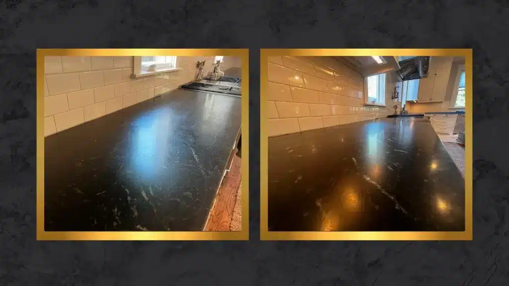 Restored soapstone kitchen countertop near stove with smooth finish and improved color depth