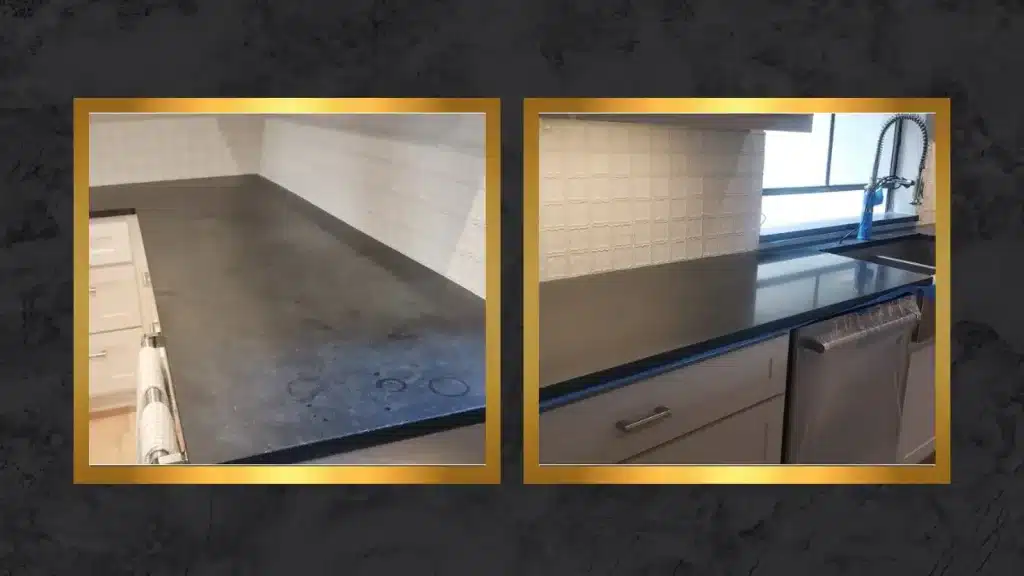 Side-by-side comparison of a soapstone kitchen countertop showing surface etching and dullness before restoration and a smooth honed finish after restoration.