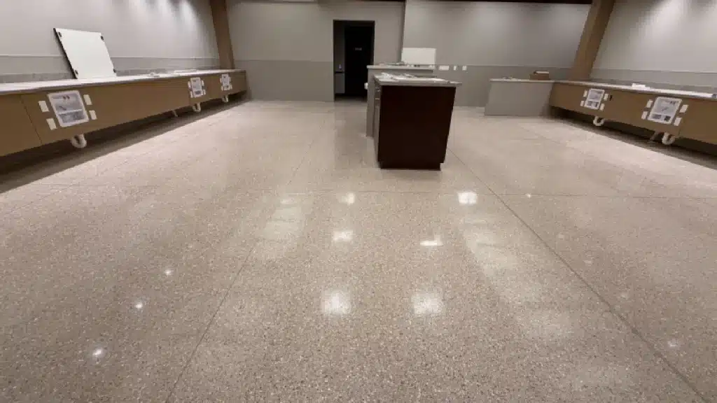 Epoxy terrazzo floor after semi-gloss restoration in Pearland TX dialysis center