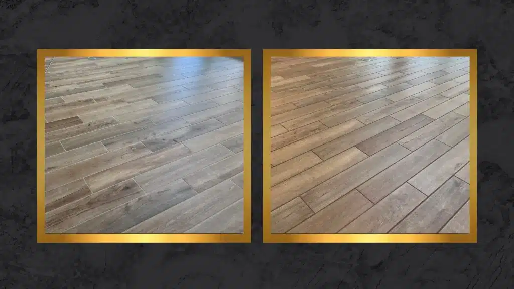 Before and after tile grout color sealing showing a lighter grout color changed to a darker tone that blends seamlessly with the wood-look tile floor
