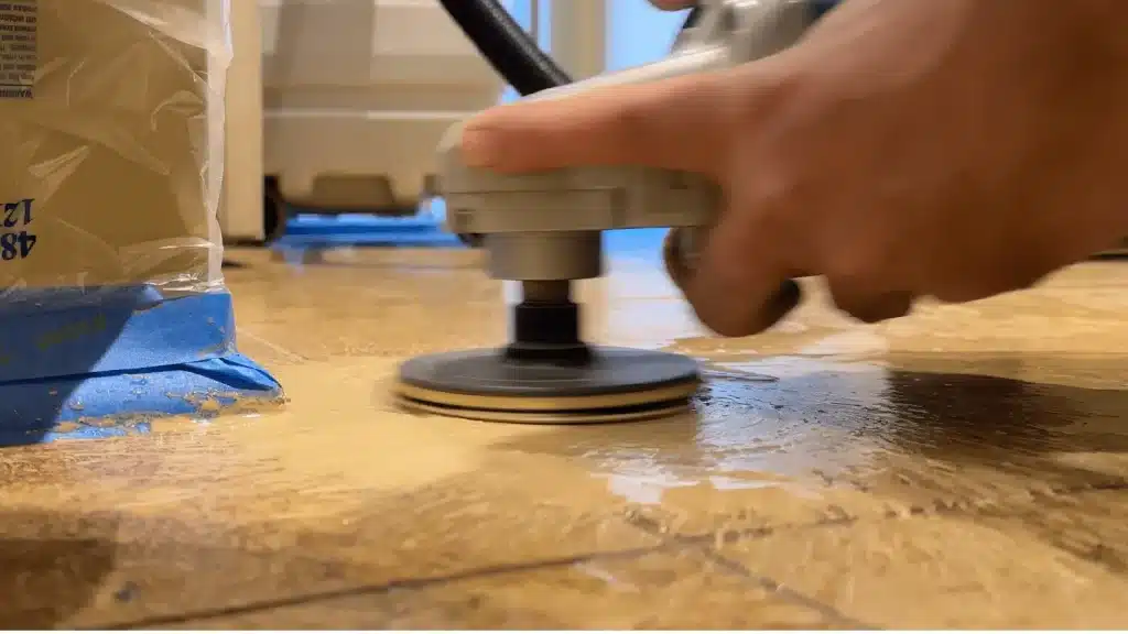 Travertine floor during leveling and sanding to smooth cracks and void repairs in League City TX