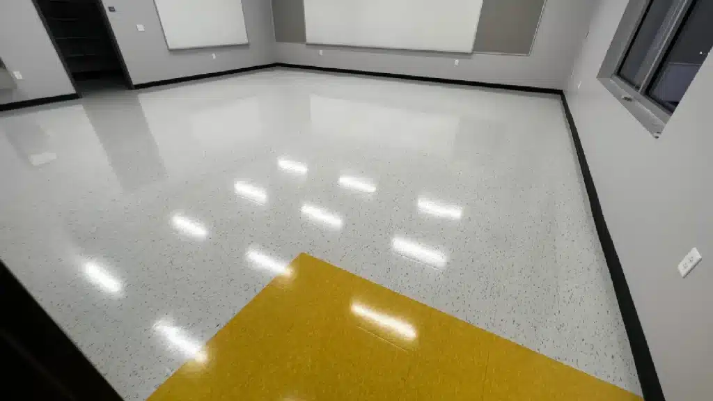 VCT floor after professional strip and wax service in a school classroom