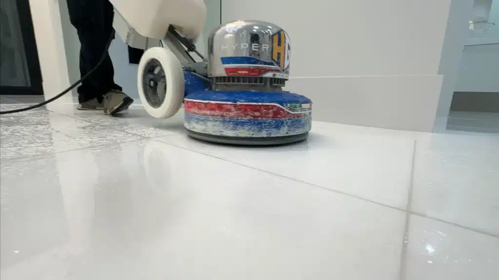 Professional equipment being used during White Thassos marble floor restoration.