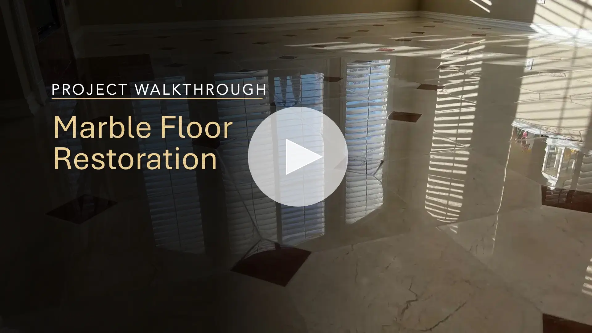 Marble floor restoration project walkthrough showing polished marble floor with high reflection after professional restoration.