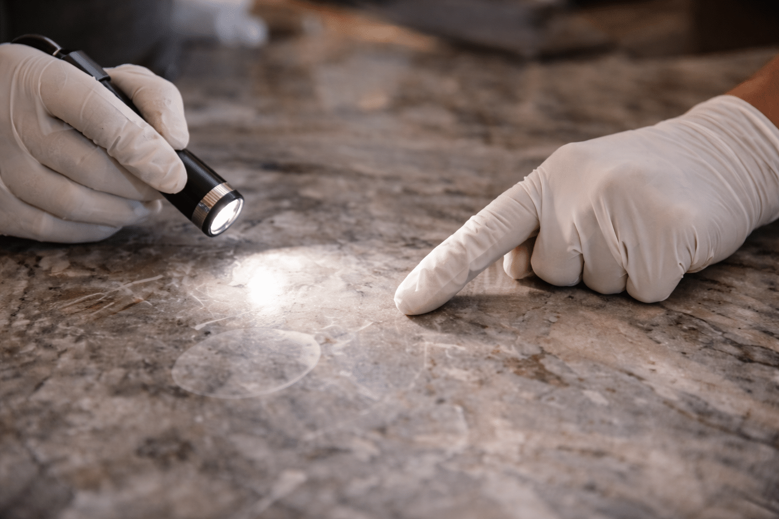 Professional inspecting etched marble surface with flashlight to diagnose stone damage