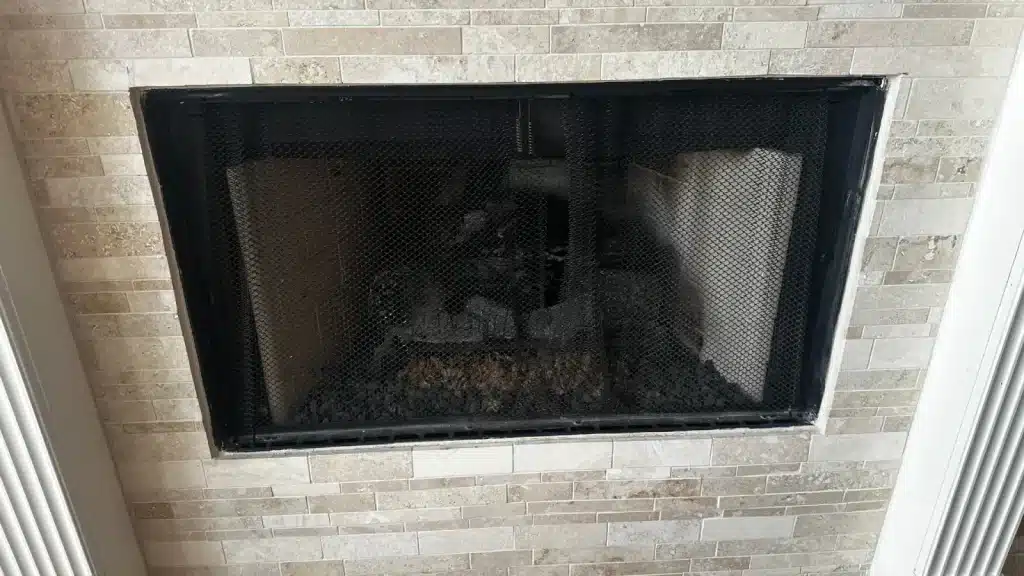 travertine tile fireplace surround with gas firebox insert