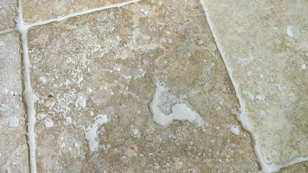 Close-up of etched travertine tile with white spots and damage in natural pits
