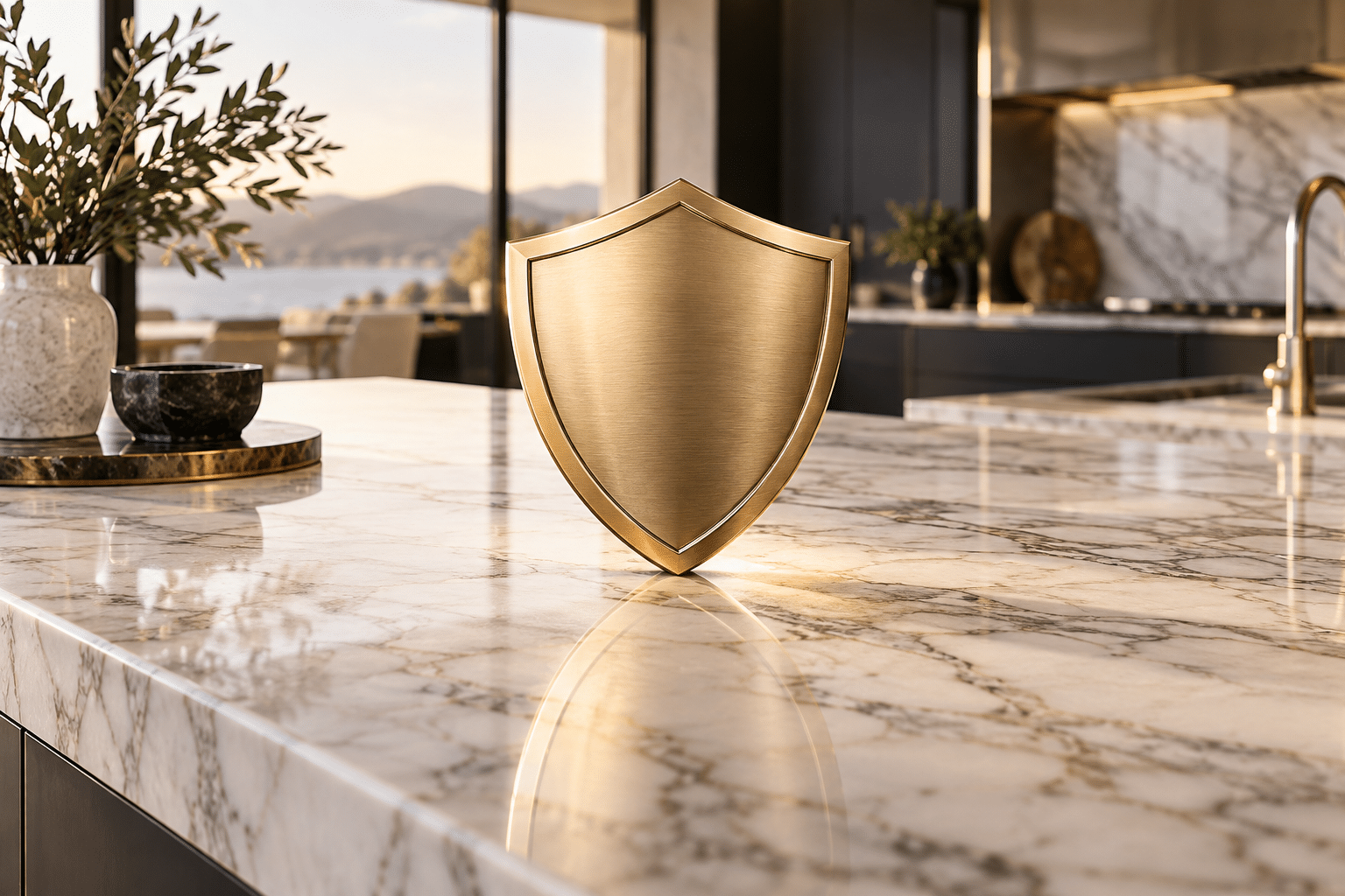 Gold protection shield on a marble countertop representing the MORE AntiEtch lifetime limited warranty