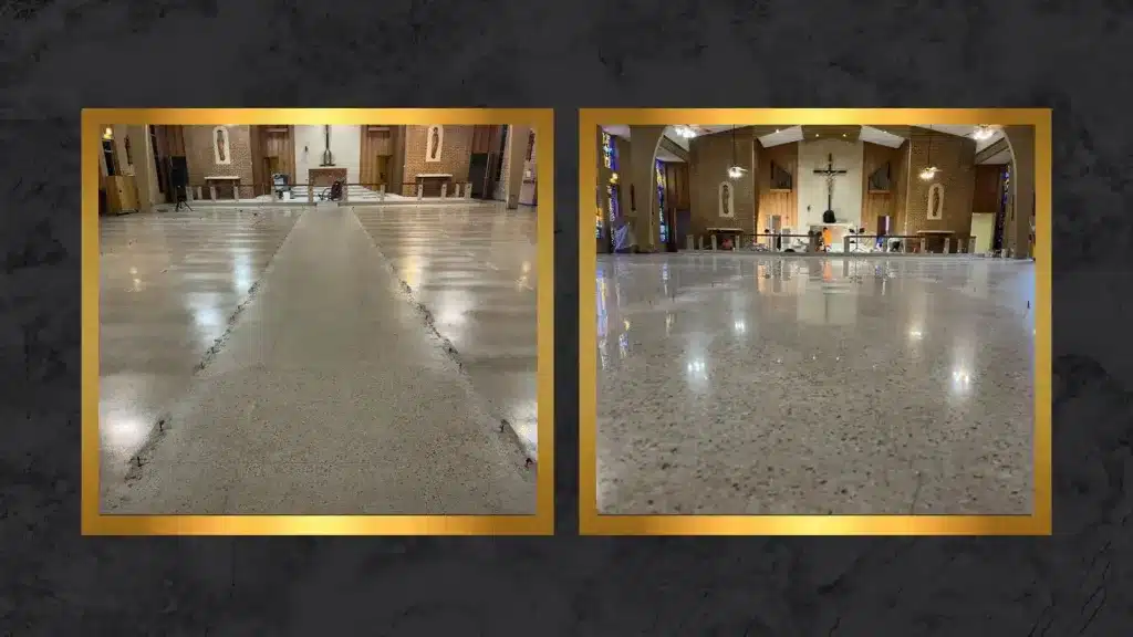 Side-by-side comparison of a church terrazzo floor showing a dull, uneven surface before restoration and a reflective polished finish after restoration.