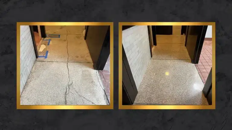 Side-by-side comparison of a historic terrazzo floor showing cracks and surface damage before restoration and a smooth, polished finish after restoration.