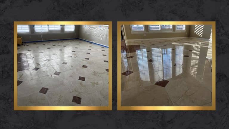 Before and after comparison of marble floor restoration showing surface damage before and polished finish after in Cypress, Texas