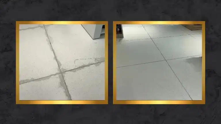 Side-by-side comparison of a terrazzo floor showing etched damage from improper cleaning before restoration and a smooth, uniform surface after restoration.
